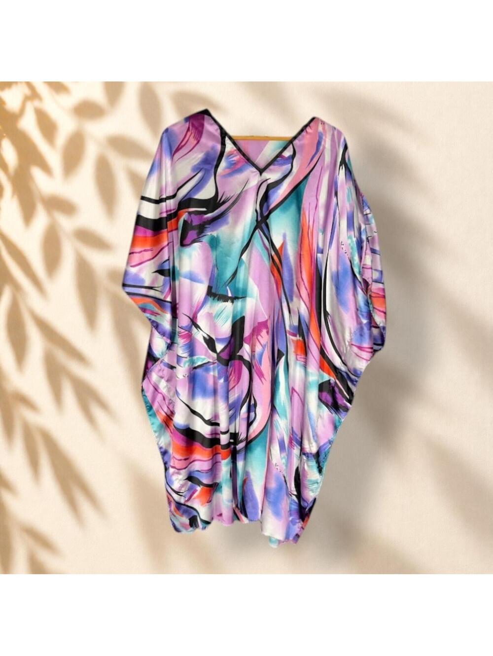 Winlar Top Women One Size Purple Tie Dye V-Neck Short Sleeve Casual Pullover